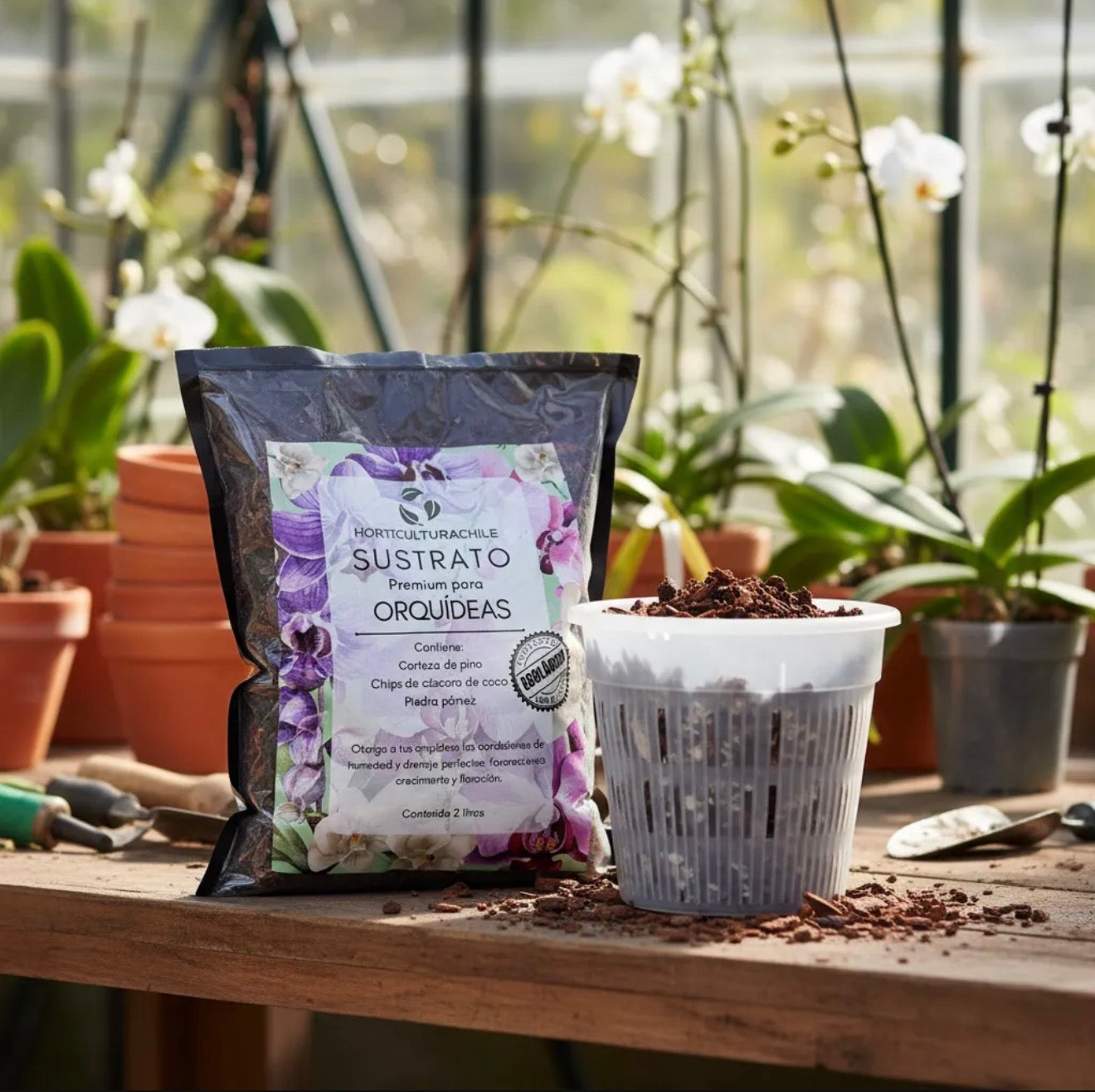 Kit Macetero Plástico para Orquídeas + Sustrato Premium 2L – Fibra de Coco, Piedra Pómez y Corteza de Pino