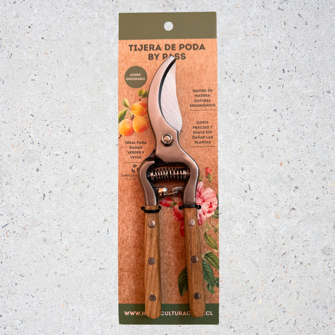 Tijera de Poda By-Pass de Acero Inoxidable con Mango de Madera | Horticulturachile