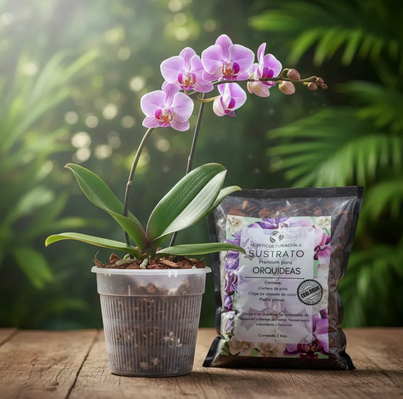 Kit Macetero Plástico para Orquídeas + Sustrato Premium 2L – Fibra de Coco, Piedra Pómez y Corteza de Pino