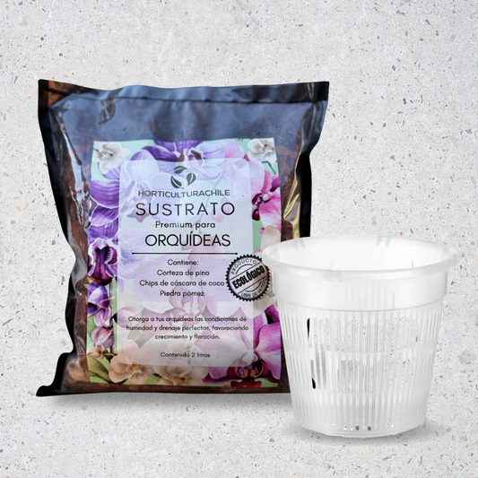 Kit Macetero Plástico para Orquídeas + Sustrato Premium 2L – Fibra de Coco, Piedra Pómez y Corteza de Pino
